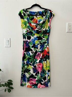 Ralph Lauren Floral Cowl Drape Neck Pullover Ruched Side Spring Dress